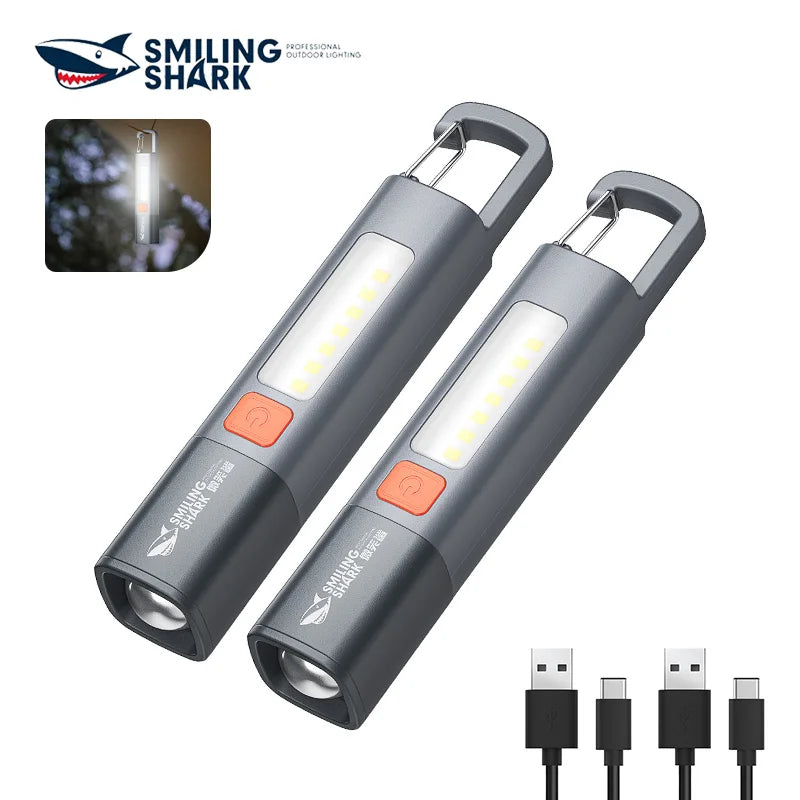 Smiling Shark SD1023 LED Torch Light XPE Super Bright Flashlight with Hook Camping Light USB Rechargeable Zoomable Waterproof