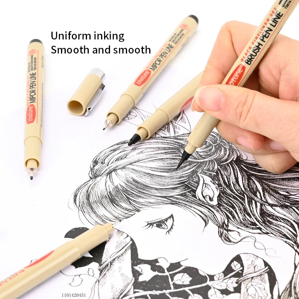 12 Tip Pigment Liner Micron Ink Marker Pen for Manga Draw Sketching Needle Pen Hook Line Pen Sketch Stationery Set Art Supplies