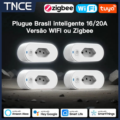 TNCE Tuya Brazil Plug 16/20A adapter, WIFI or zigbee socket with Power Monitor, Smart outlet control,Voice for Google Home Alexa