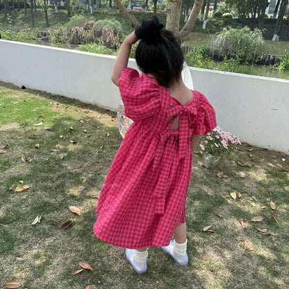 Bear Leader Rose Pink Plaid Bow Dress Elegant Lolita Child Big Girls Midi Dress Children Dresses Teens Party Princess Sundress