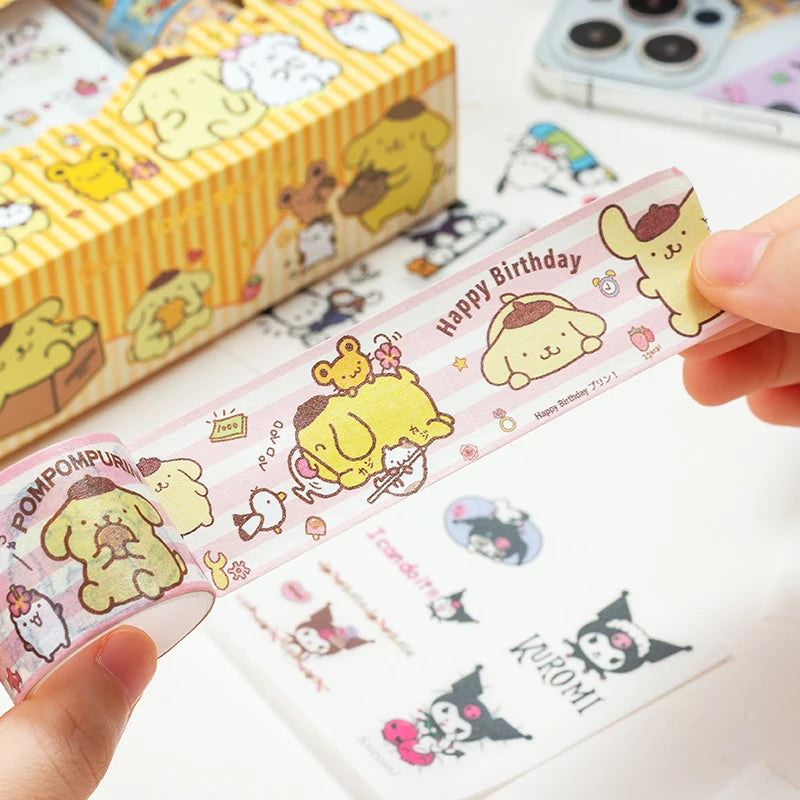 Sanrio Sticker Roll Gift Box Cute Hello Kitty Cinnamoroll Kuromi My Melody Pompompurin Hand Acount Tape Stickers Decal Kids Toys