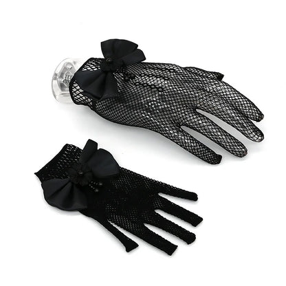 Sweet Flower Girl Short Gloves Mesh Bow Lace Pearl Gloves Children Fashion Elegant Gloves Mittens Wedding Party Decoration