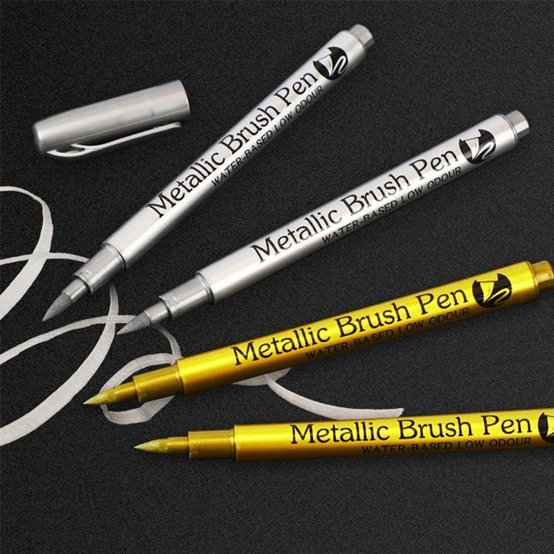 2/1Pc Brush Metallic Marker Pens Gold Silver Color Permanent Art Marker For Manga Crafts Scrapbooking School Stationery Supplies