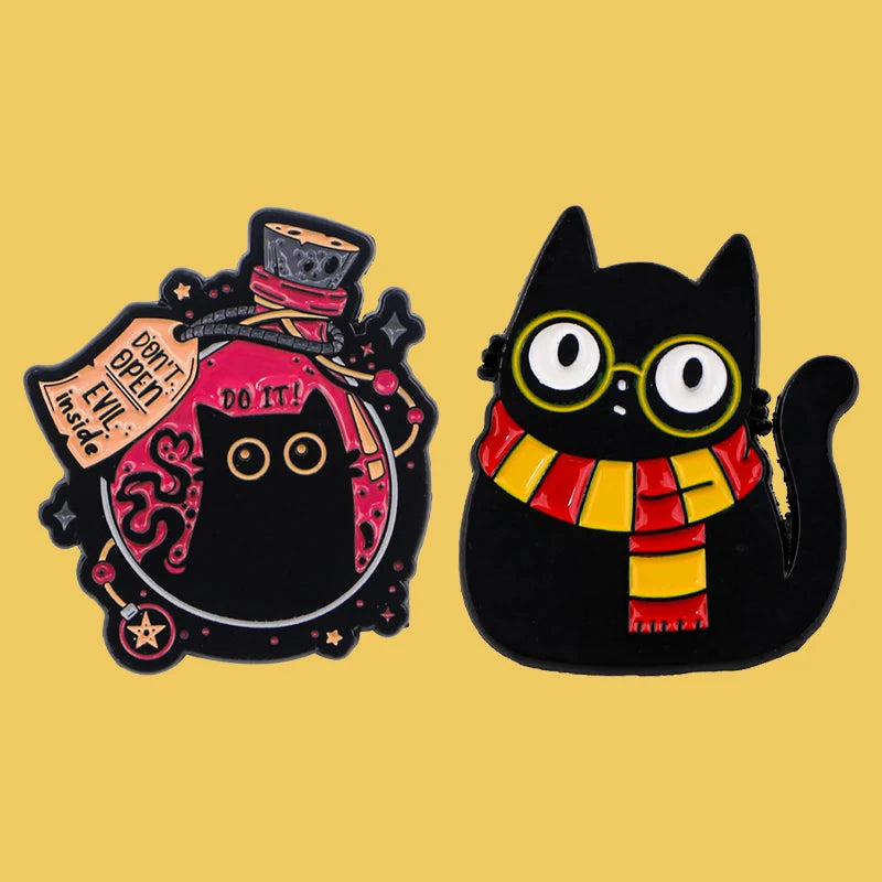 Black Cat Enamel Pin Funny Witch Brooches for Women Men Lapel Pin Backpack Bags Badges Halloween Gifts Clothing Accessories