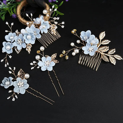 European and N Gold Leaf Plate Hair Headdress Handmade Bride Crown Headdress Flowers Inserted Comb Hair Ornaments 4-piece Set