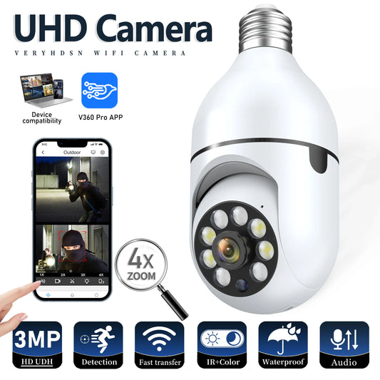 Wifi 3MP E27 Bulb Surveillance Camera Indoor 4X Digital Zoom AI Human Detect Full Color Night Vision Wireless Cameras Smart Home