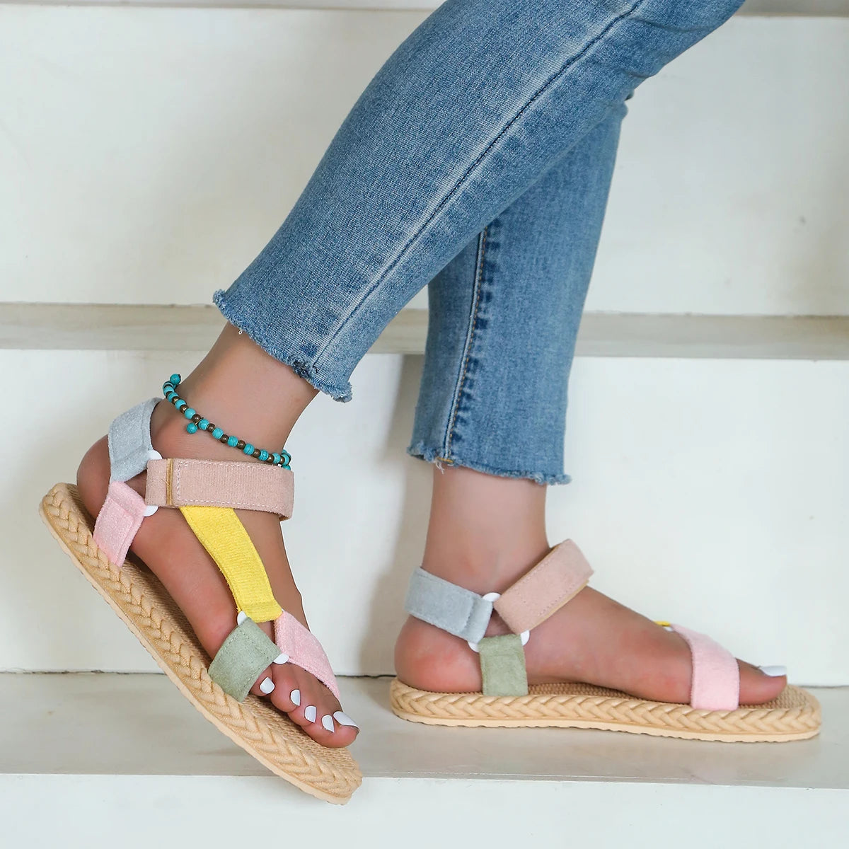 Women's fashion trend School Beach non-slip wear soft soled Velcro flat sandals