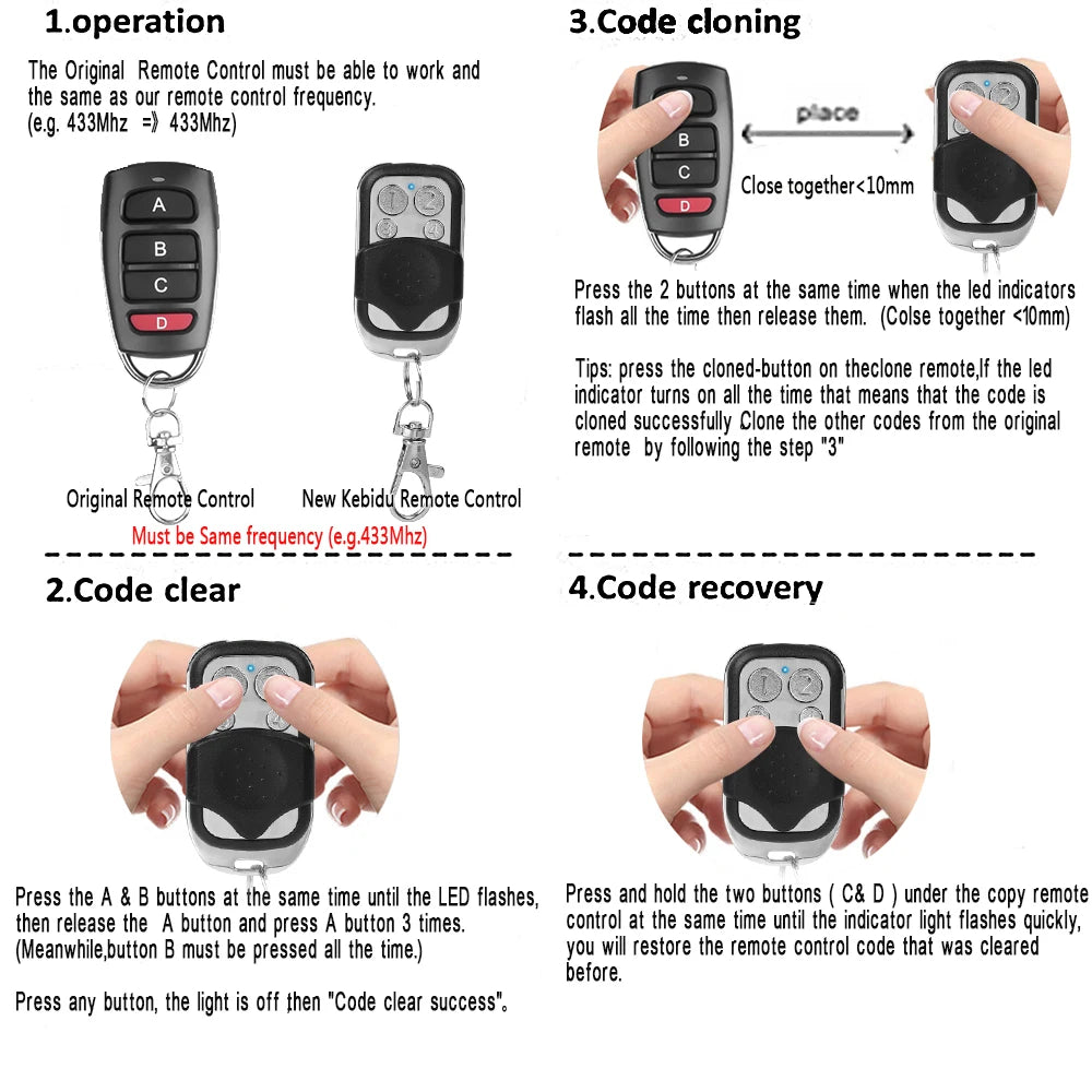 Smart Copy Duplicator 433mhz Remote Control 4 Button Electric Garage Door Gate Remote Cloning 433.92 MHz Transmitter