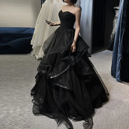 Temperament Black Elegant Wedding Party Dresses Strapless Tiered Draped Prom Robe 2024 New Ball Gown Formal Dress Women Vestidos