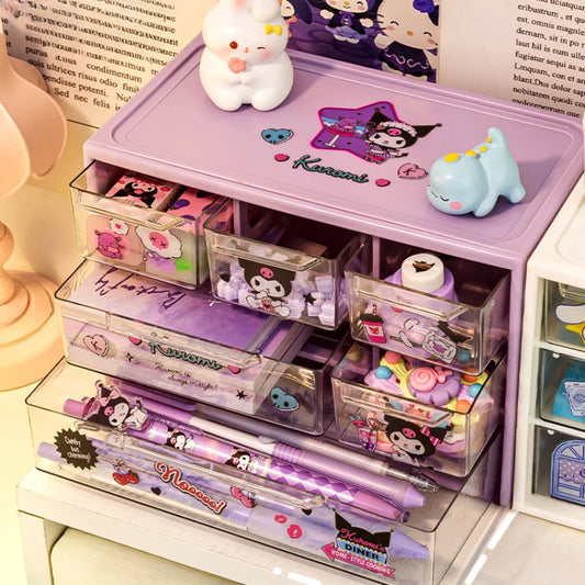 Sanrio 6 Grid Storage Box Desktop Drawer-type Transparent Organizing Box Desk Pen Holder Send Kuromi Melody Cinnamoroll Stickers