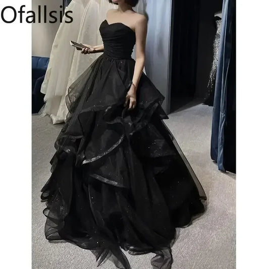 Ofallsis Black Strapless Ruffles Evening Dress 2024 Summer New Sexy Elegant Gentle Adult Gift Birthday Party Long Dresses Female