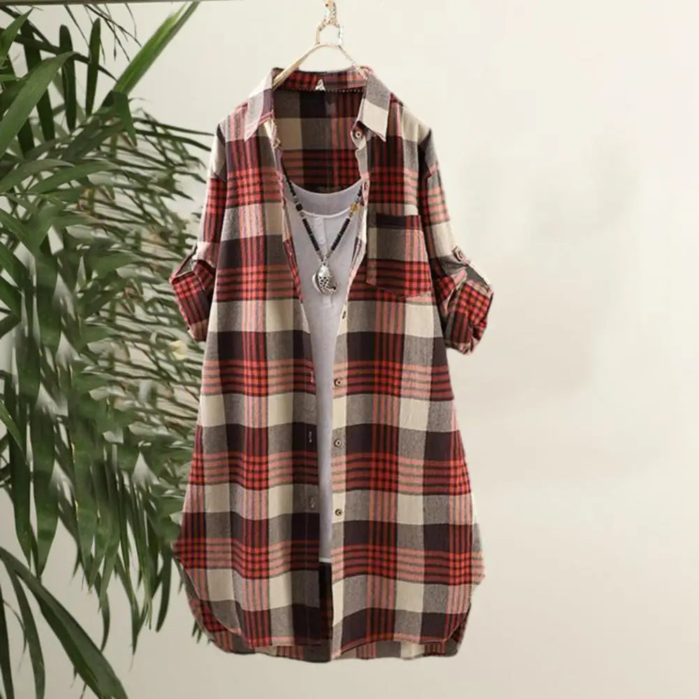 Women Spring Fall Long Shirt Plaid Print Color Matching Lapel Mid Length Patch Pocket Single-breasted Long Sleeve Buttons Blouse