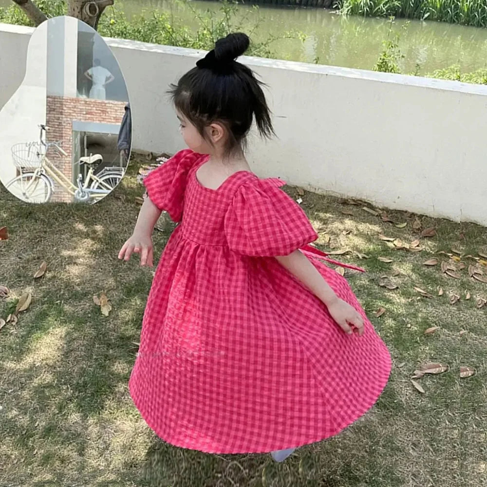 Bear Leader Rose Pink Plaid Bow Dress Elegant Lolita Child Big Girls Midi Dress Children Dresses Teens Party Princess Sundress