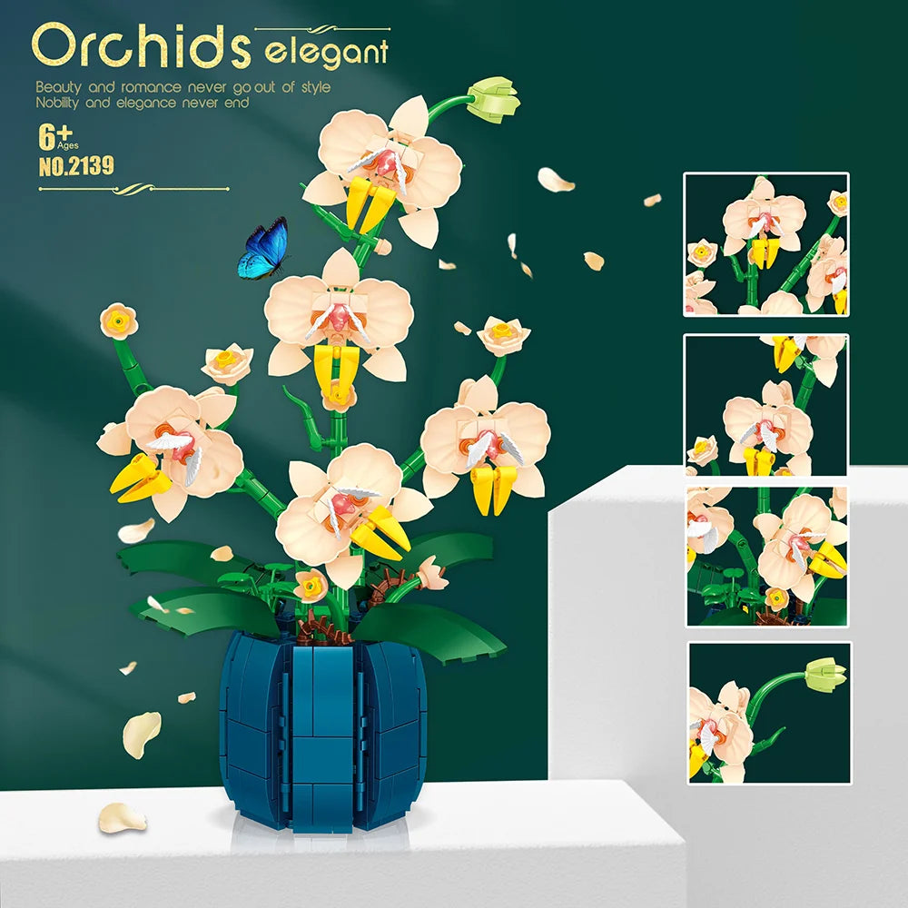 Orchid Building Blocks Flowers Bouquet Flower Blocks Bonsai Plant Model Bricks Romantic Home Decoration Toy For Kids Girls Gift