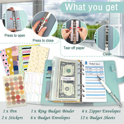 Budget Binder with Zipper Envelopes, Cash Envelopes with Budget Sheets, PVC Pockets, Cash Envelopes, Stickers & Pen