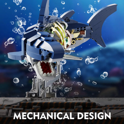 Mechanical Shark Building Set, Shark Sea Life Building Blocks Set with Display Stand and Lights, Block Gift for Kids and Adults