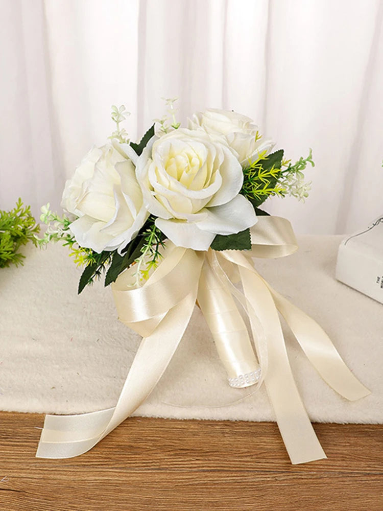 Silk Wedding Bouquets Holding Flowers Artificial Natural Rose Wedding Bouquet White Champagne Bridesmaid Bridal Party