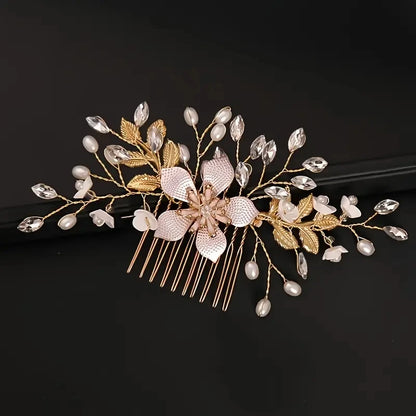 Wedding Bridal Wreath Comb Pearl Gold Long Hair Vine Hair Accessory Flower Rhinestone Handmade Tiara Headpiece