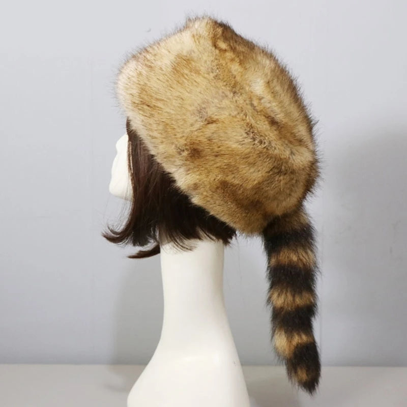 Plush Russian Style Flat Top Hat Winter Mongolian Hat Thicken Plush Raccoon Tail Hat for Adult Teens Keep Warm Hat Wholesale