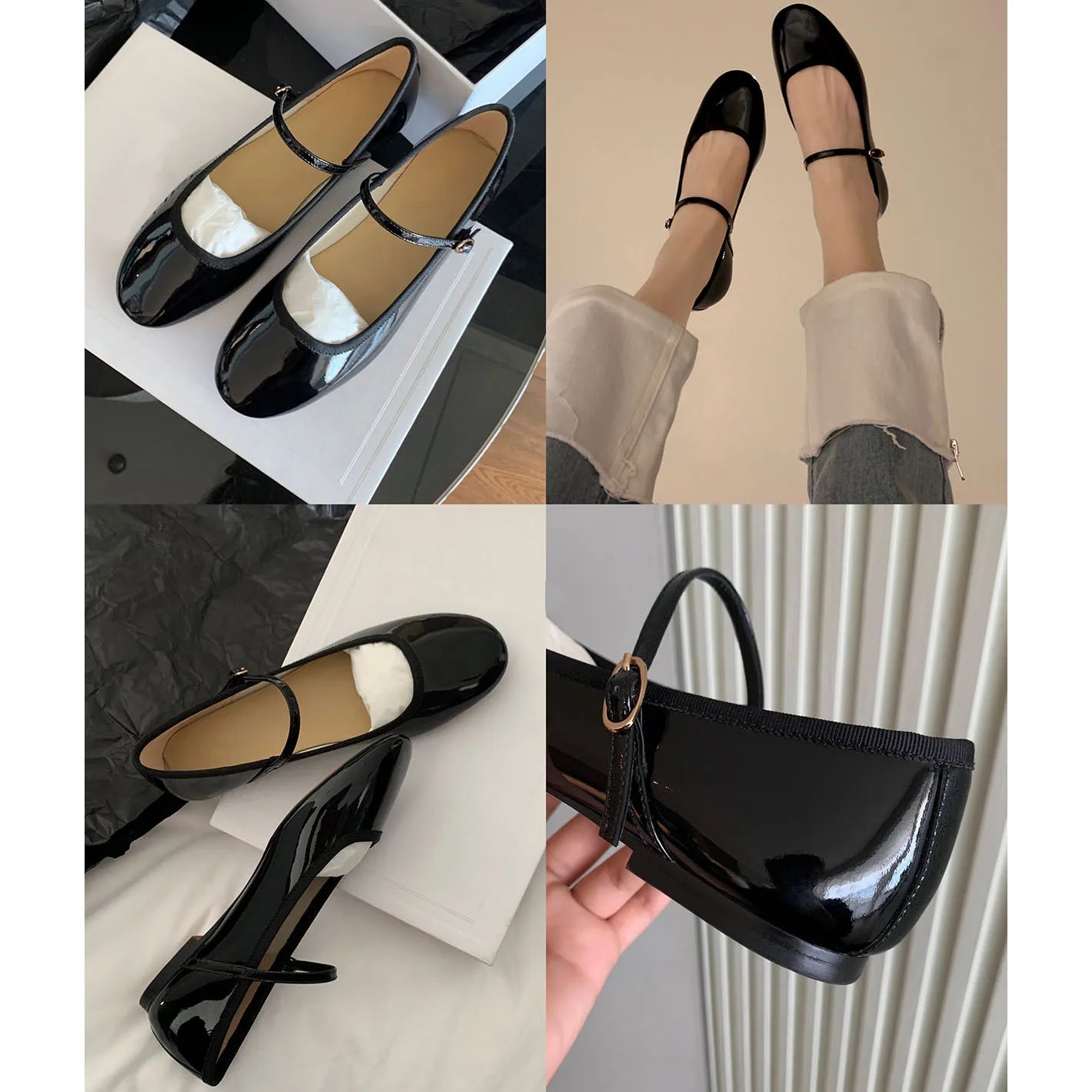 Shiny Leather Ballets Shoes Woman Belt Strap Lolita Flats Mary Janes Women Shallow Loafers Round Toe Ballerinas Brides Mocasines