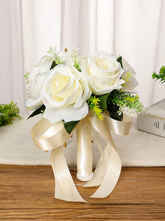 Silk Wedding Bouquets Holding Flowers Artificial Natural Rose Wedding Bouquet White Champagne Bridesmaid Bridal Party