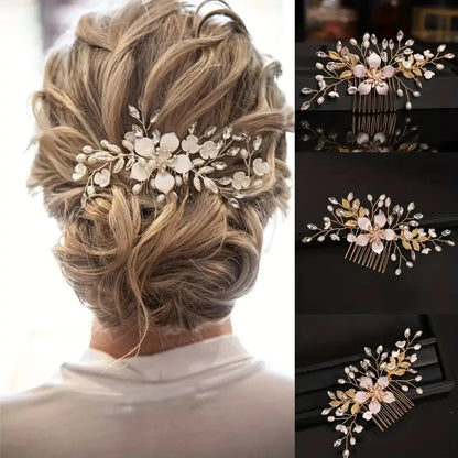 Wedding Bridal Wreath Comb Pearl Gold Long Hair Vine Hair Accessory Flower Rhinestone Handmade Tiara Headpiece