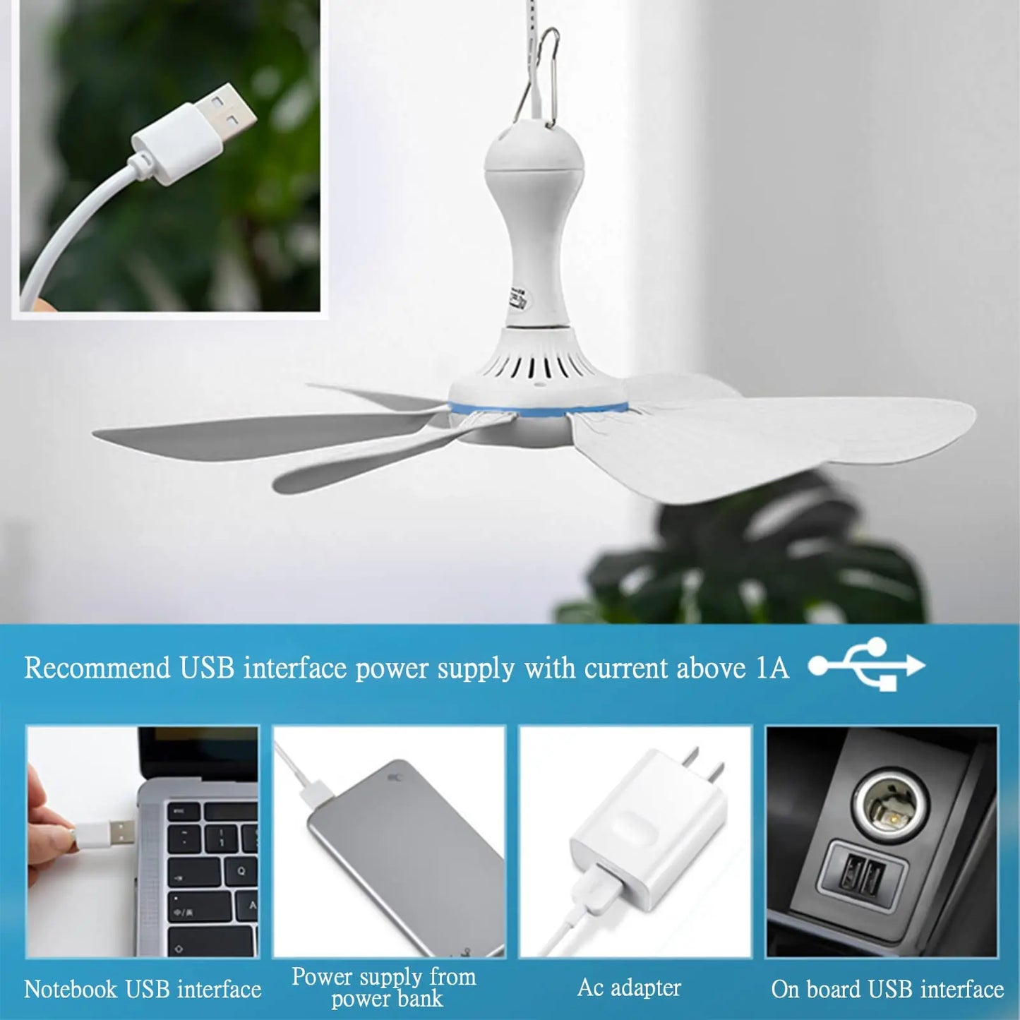 USB Fan Silent 6-blade Ceiling Fan 4-speed Hanging Fan for Camping Bed Camping Outdoor Hanging Camper Tents