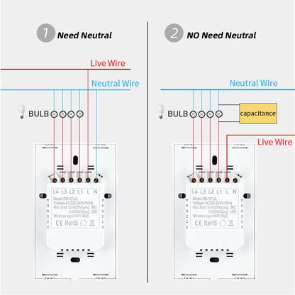 Tuya Smart Switches US Neutral Wire/No Neutral Wire Required 1/2/3/4 Gang Light WiFi Touch Switch Work with Alexa Google Home