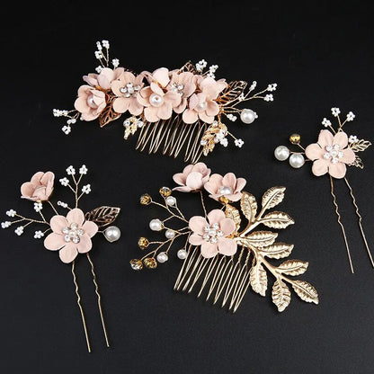 European and N Gold Leaf Plate Hair Headdress Handmade Bride Crown Headdress Flowers Inserted Comb Hair Ornaments 4-piece Set