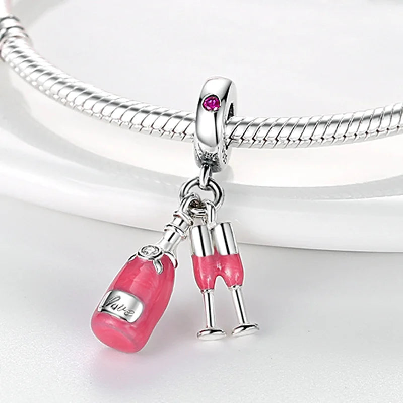 NEW Authentic 925 Sterling Silver Pink Original Charm Love Potion Murano Glass Heart Dangle Beads Fit Pandora Bracelet Jewelry