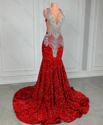 Sparkly Red Sequin Mermaid Prom Dresses 2024 Luxury Silver Crystal Beaded Sheer Neck Long Prom Gowns for Black Girls