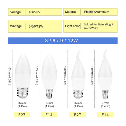 10pcs E27 E14 Led Bulb 220V Candle Bulb Energy Saving Lamp 3W 6W 9W 12W Led Chandelier Light Spotlight Led for Home Decoration