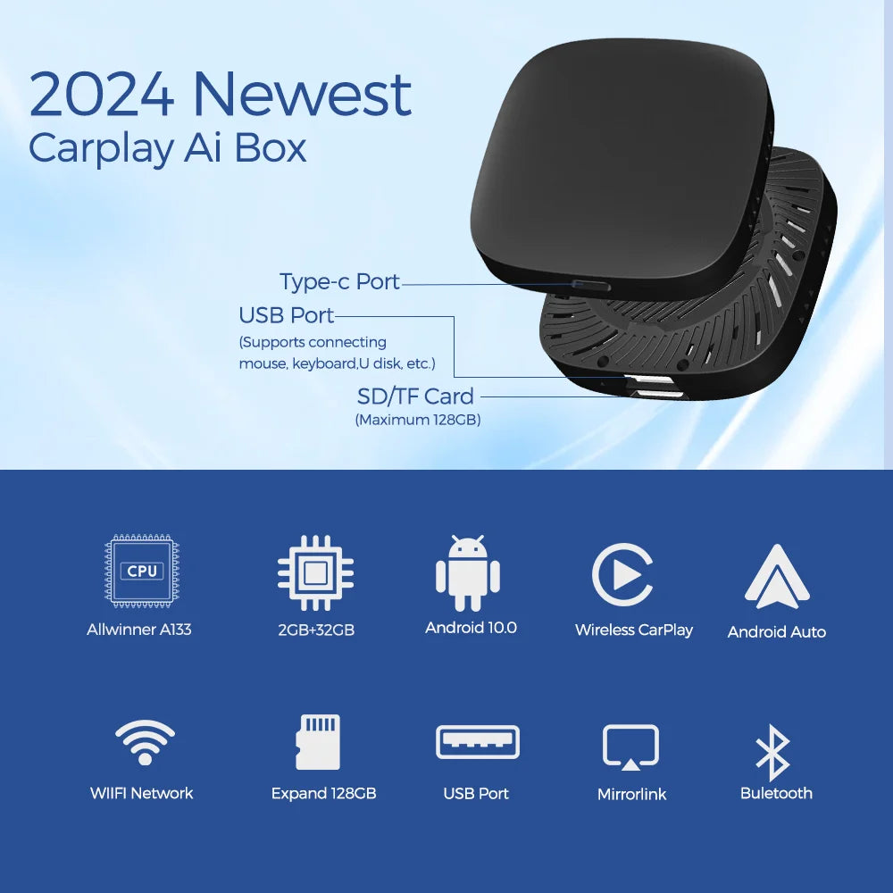 2024 Carplay AI BOX Wireless Android Auto Carplay TV Box Car Intelligent System 10 2GB+32GB For Mazda Volvo Benz Toyota Kia Ford