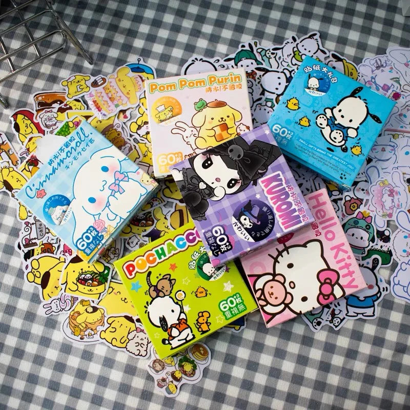 60Pcs/Box Anime Stickers Kawaii Sanrio Hello Kitty Kuromi Cinnamoroll Pochacco Stickers DIY Stationery Cute Cartoon Sticker Gift