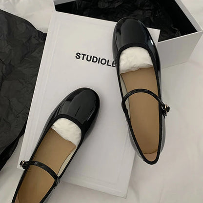 Shiny Leather Ballets Shoes Woman Belt Strap Lolita Flats Mary Janes Women Shallow Loafers Round Toe Ballerinas Brides Mocasines