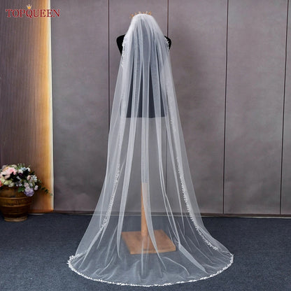 TOPQUEEN V129 Wedding Veil Lace Edge Bridal Veils 3M White Ivory Wedding Veil Thin Scallop Lace Trim Cathedral Mantilla Veu