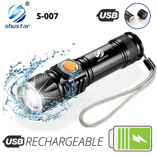 Powerful LED Flashlight With Tail USB Charging Head Zoomable waterproof Torch Portable light 3 Lighting modes Built-in battery