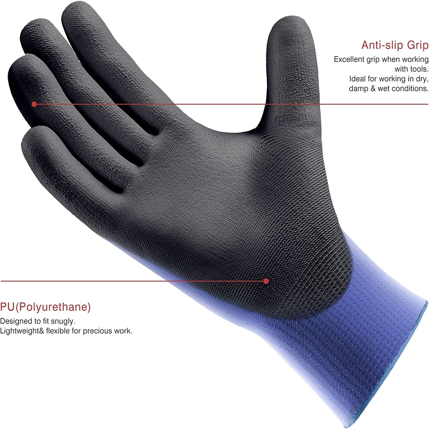 3pairs Ultra-Thin PU Coated Work Gloves,Excellent Grip,Nylon Shell Black Polyurethane Coated Safety Work Gloves, Knit Wrist Cuff