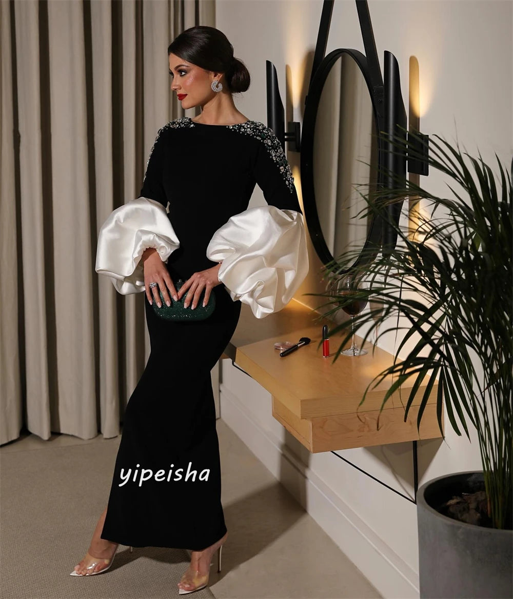 Prom Dress Saudi Arabia Satin Beading Ruffles Engagement Sheath Boat Neck Bespoke Occasion Gown Long Sleeve Dresses