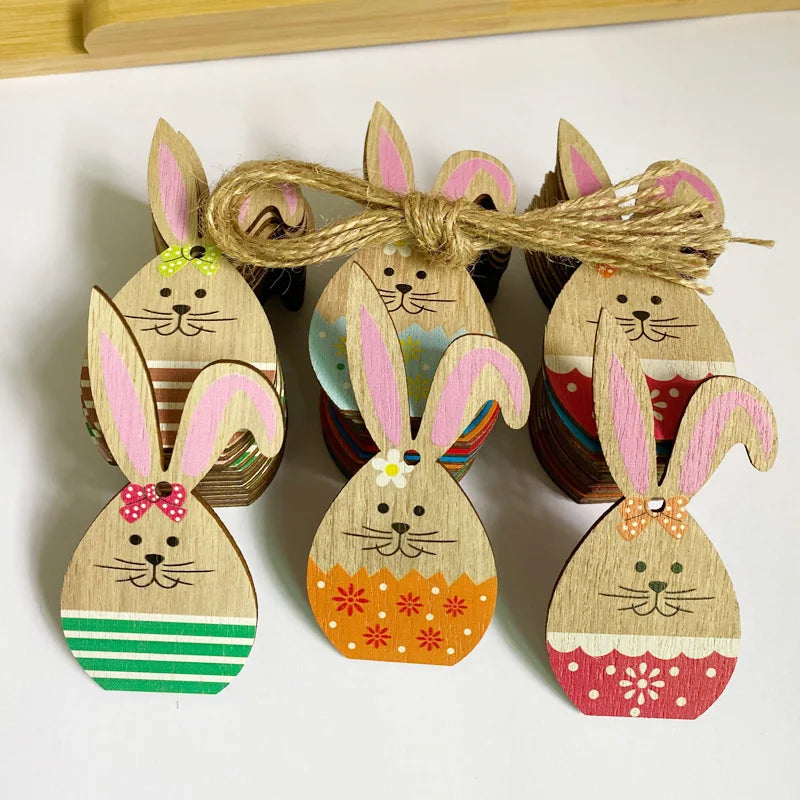 Wood Rabbit Chips Easter Wooden Crafts Random Painted Wood Bunny Rabbits for Home Decor Happy Easter Kids Toy Children DIY 10pcs