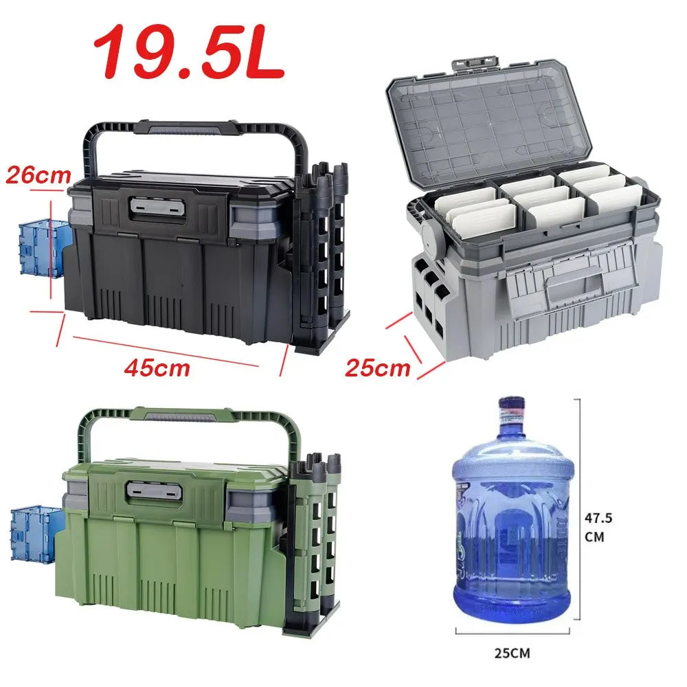 Fishing Tackle Box 19.5L Multifunction Large Capacity Stand Rod Holder Cup Holder High Quality Plastic Handle Fishing Box