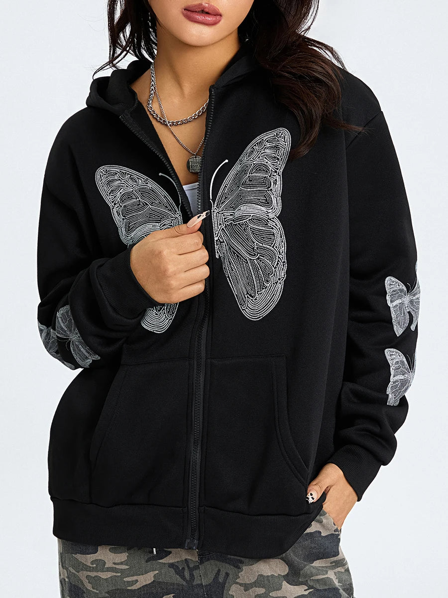 Women Butterfly Pattern Hooded Hoodies Casual Loose Long Sleeve Zipper Closure Sweatshirts Y2K Grunge Fall Coat Streetwear 2000s