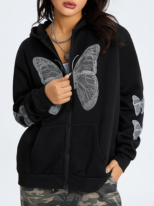 Women Butterfly Pattern Hooded Hoodies Casual Loose Long Sleeve Zipper Closure Sweatshirts Y2K Grunge Fall Coat Streetwear 2000s