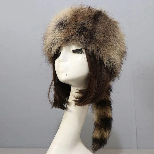 Plush Russian Style Flat Top Hat Winter Mongolian Hat Thicken Plush Raccoon Tail Hat for Adult Teens Keep Warm Hat Wholesale