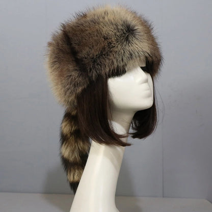 Plush Russian Style Flat Top Hat Winter Mongolian Hat Thicken Plush Raccoon Tail Hat for Adult Teens Keep Warm Hat Wholesale