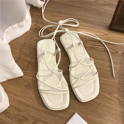 Sandals Women Summer New 2024 Beach Fashion Sexy Flat Casual Cross-Tie Open Toe Fairy Style Narrow Band Shoes Black Rome Sandals