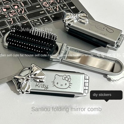 Sanrio Hello Kitty Comb Makeup Mirror Action Anime Figures Hello Kitty Portable Fold Airbag Comb Girl Travel Shopping Articles