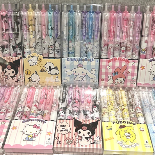 Sanrio Hello Kitty 6pcs Series Gel Pen 0.55mm Refill Y2k Cinnamoroll Kuromi MelodyCartoon Press Pen Black Stationery Supplies