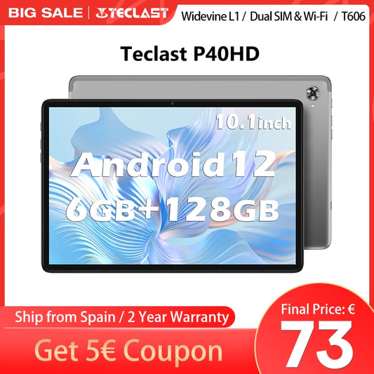 TECLAST P40HD tablet, 6GB RAM, 128GB ROM, 10,1 inch, Android 12, UNISOC T606, 8 core, Mali-G57, 1920x1200 IPS, double SIM, GPS, type C, 5MP + 2MP, support Widevine L1, TF up to 1TB, metal body