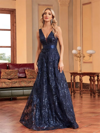 Lucyinlove Luxury Sexy Deep V-Neck Sequins Blue Evening Dress Women Elegant V-back Wedding Party Long Prom Cocktail Dress